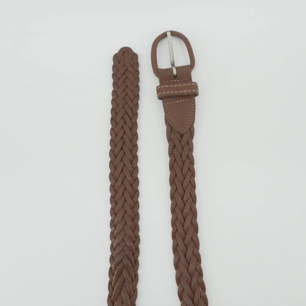 Braided Belt Womens 36 Brown Leather Woven Wrap Buckle Classic
